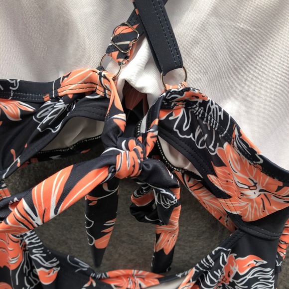 Zaful Floral Cut-Out Swim Dress Women 2X (16-18) Black Orange Floral Tie Back - Picture 7 of 10